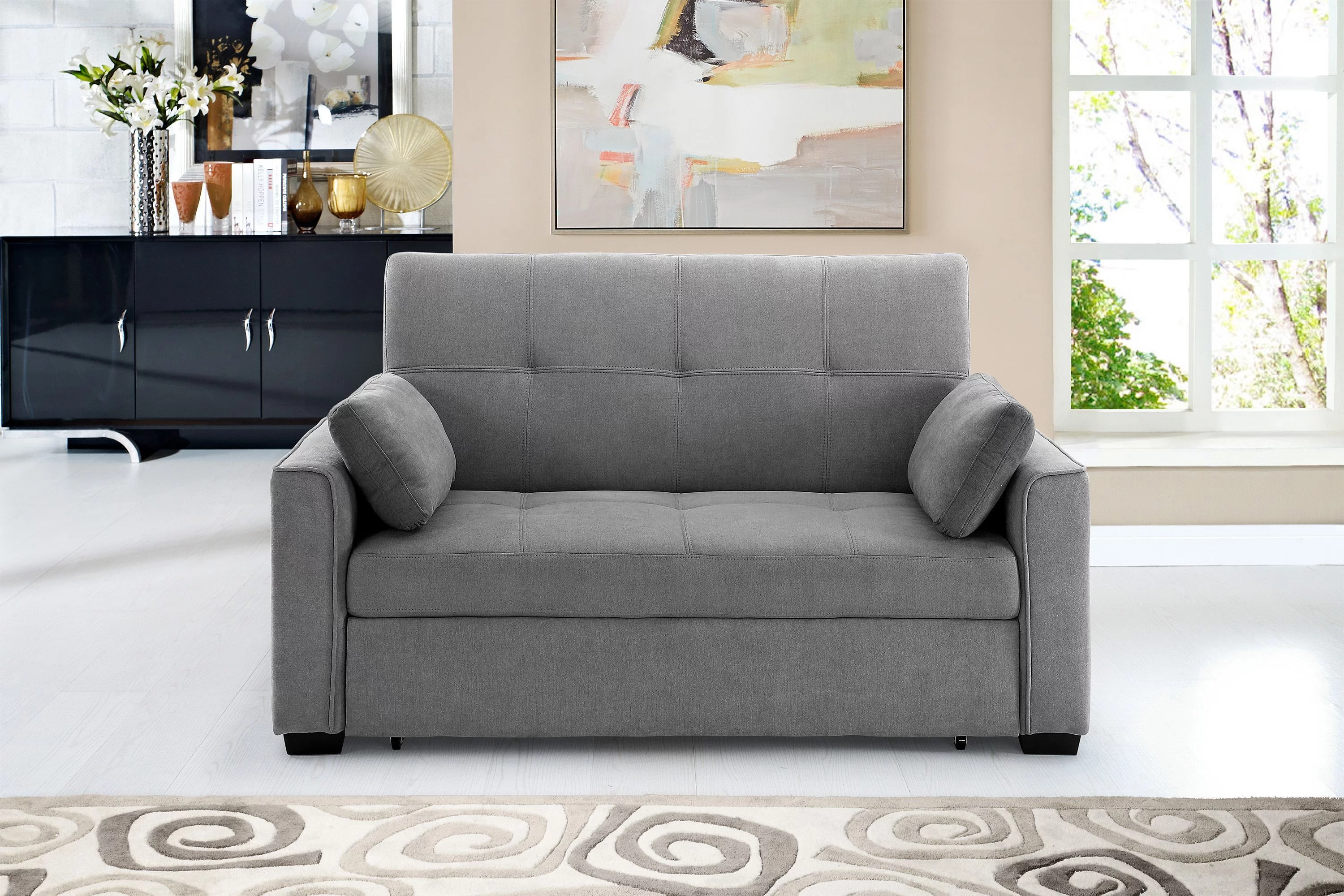 Nantucket Pull-Out Chenille Sleeper Sofa with Accent Pillows, Full Size, Light Gray