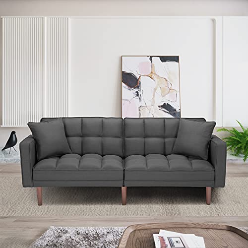 Convertible Futon Sofa Bed, Modern Linen Upholstered Folding Sofa Bed with Two Pillows