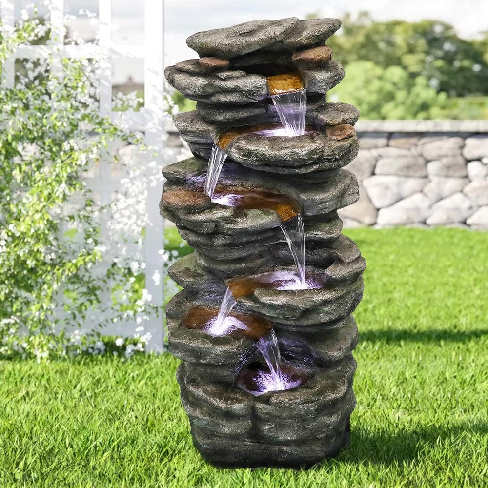 PeterIvan 6-Tier Rockery Outdoor Relaxing Water Fountain - 40” H Outdoor Waterfall Fountain with LED Light for Home&Office Decor