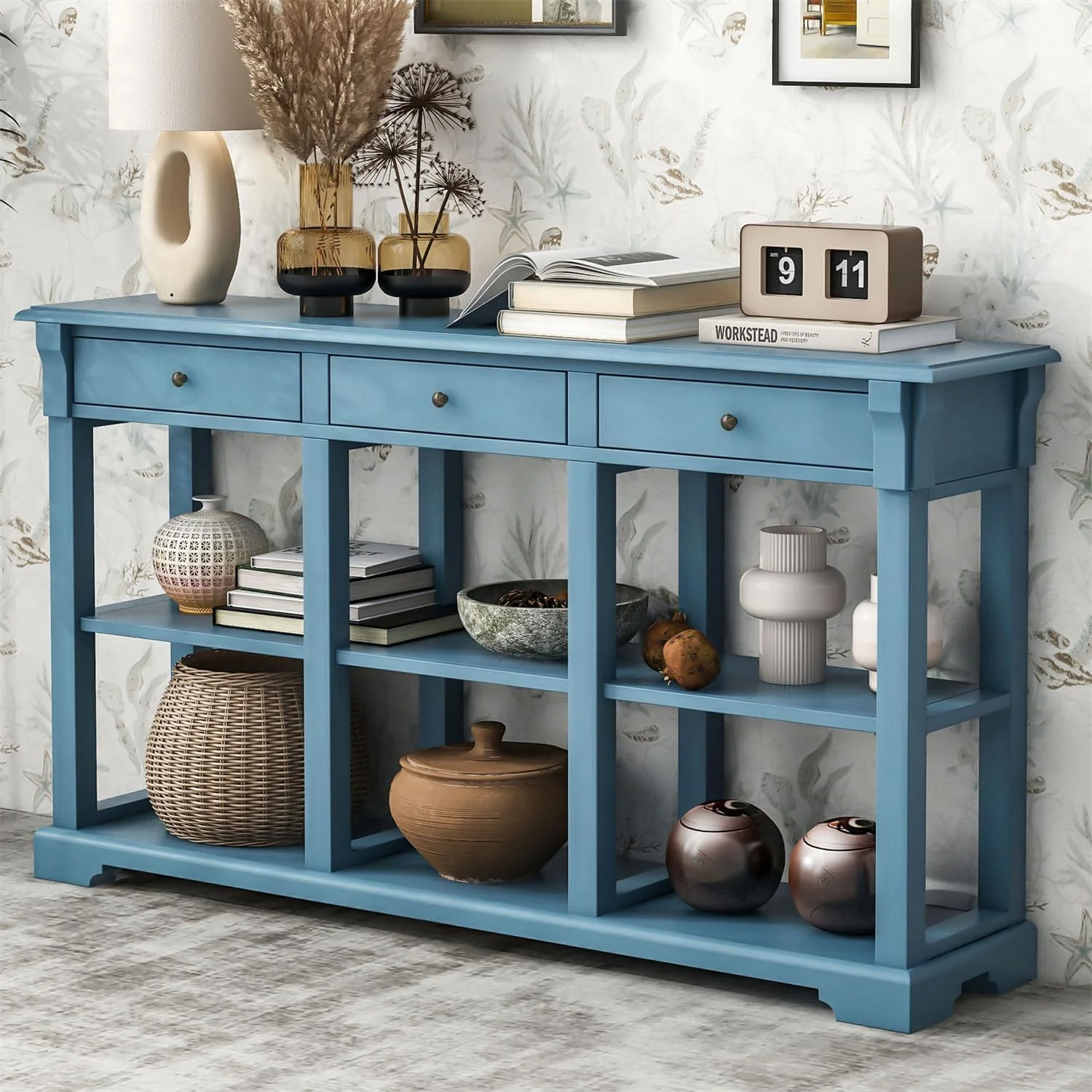Console Table Sofa Table With 3 Drawers And Storage Shelf, Wooden Sideboard Side Table For Living Room Bedroom, Teal Blue
