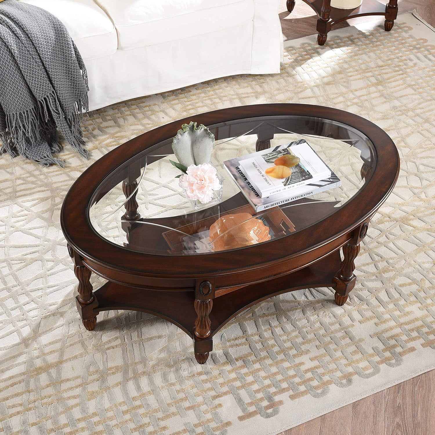 Oval Coffee Tables For Living Room, Solid Wood Coffee Table With Glass Top, Vintage Cocktail Table, 46"X29"X18.2", Easy Assemble, Cherry Walnut