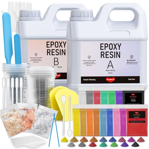 4 Gallon Epoxy Resin Kit for Beginners, Resin Kit with 72 Mica Powder, Foil Flakes, Measuring Cups, Sticks - Resin Epoxy for Casting, Coating