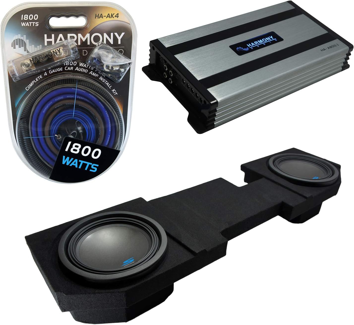 Alpine Bundle Compatible with 2002-2018 Dodge Ram Quad or Crew Truck S-W12D2 Dual 12" Loaded Sub Box Enclosure with HA-A800.1 Amplifier and HA-AK4 4