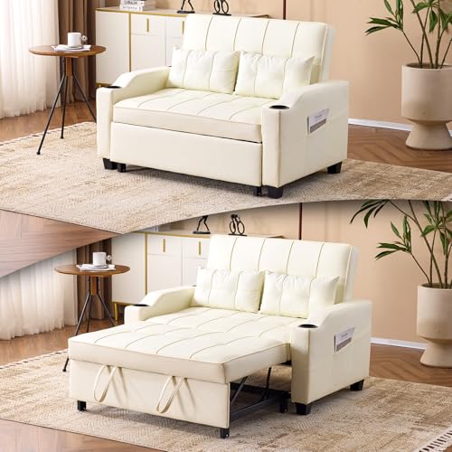 VINGLI Light Green Futon Sofa Bed Convertible Loveseat Sleeper Couch, Faux Leather Pullout Sofa Fold Out Couch Bed with USB Ports, Cup Holders