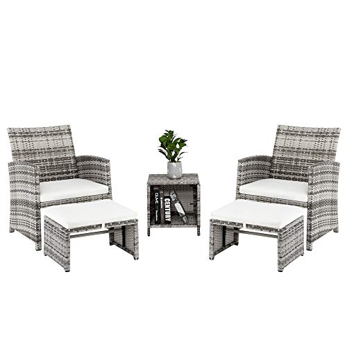 5 Pieces Wicker Patio Furniture Set, Patio Chairs with Ottomans & Table, Rattan Outdoor Patio Furniture Conversation Sets for Balcony, Porch