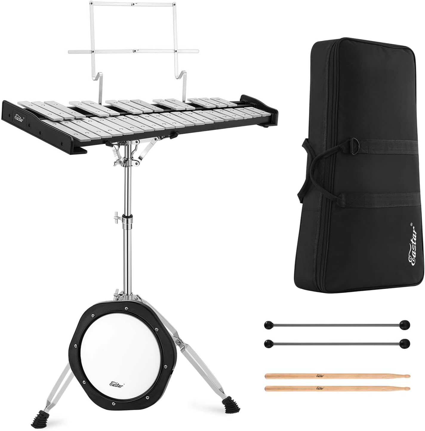 Eastar Professional 32 Note Glockenspiel Xylophone Bell Kit Percussion Kit for Adult with 8 Inch Drum Practice Pad, Stand, Glockenspiel Stick