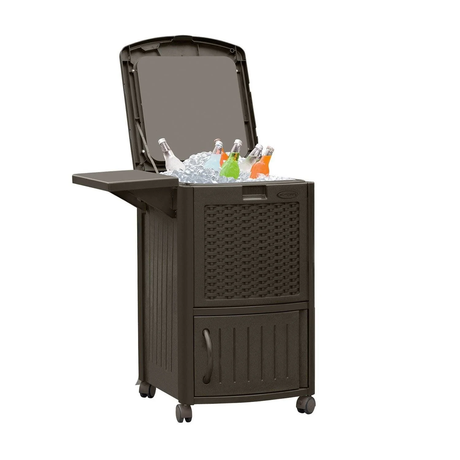 Suncast 77 Quart Resin Wicker Patio Cooler with Cabinet and Wire Basket, Java