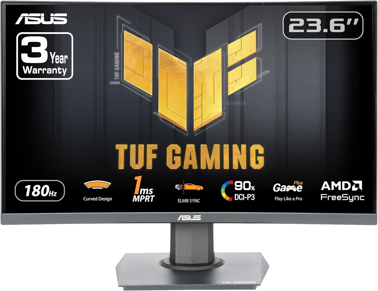 ASUS TUF Gaming 24” (23.6 inch viewable) Curved Monitor (VG24VQER) – FHD, 180Hz, 1ms, DCI-P3 90%, Extreme Low Motion Blur Sync, FreeSync