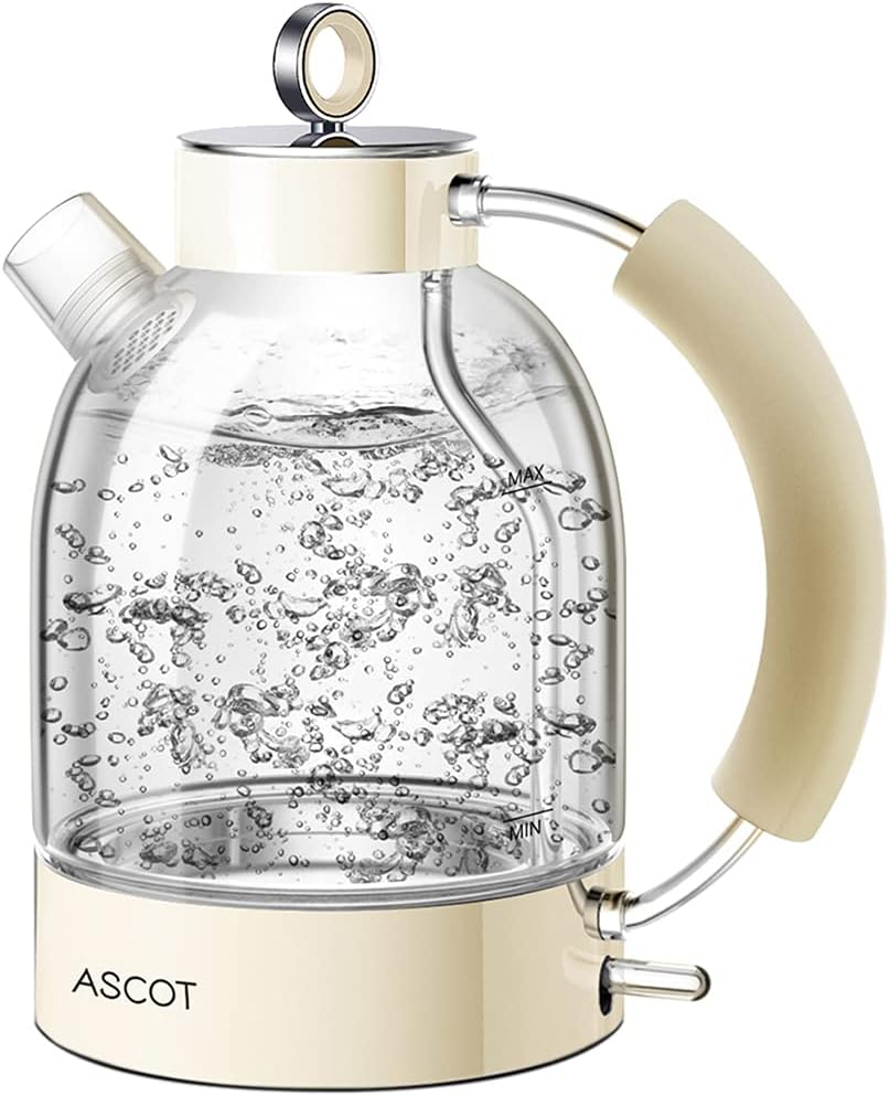 Electric Kettle, ASCOT Glass Electric Tea Kettle 1.7L, 1500W, Stainless Steel Tea Heater & Hot Water Boiler, Borosilicate Glass, BPA-Free, Cordless