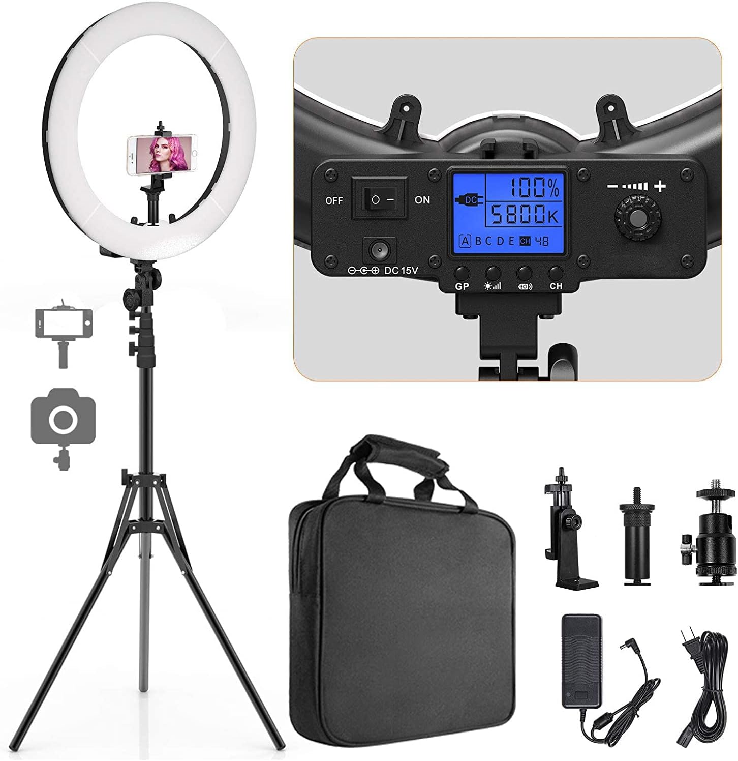 Pixel Ring Light, 19" Bi-Color LCD Display Ring Light with Stand
