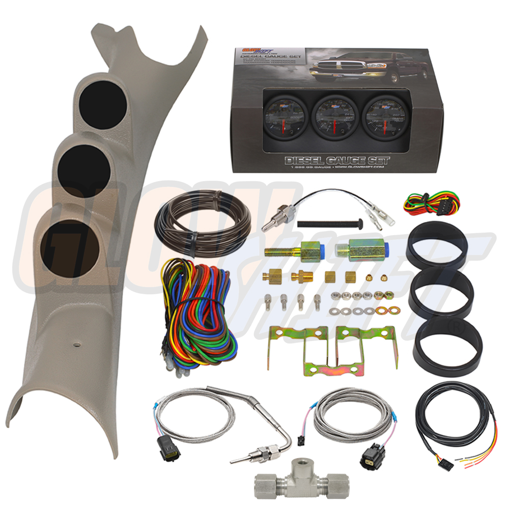 GlowShift 2003-2009 Dodge Ram Cummins Taupe Triple Gauge Package with Black 7 Color DS10 Gauge Set