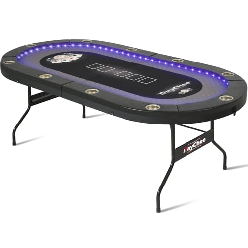 LED Poker Table, 10 Player Foldable Texas Holdem Table w/Inlaid LED Light, 2 USB & 2 Type-c Ports