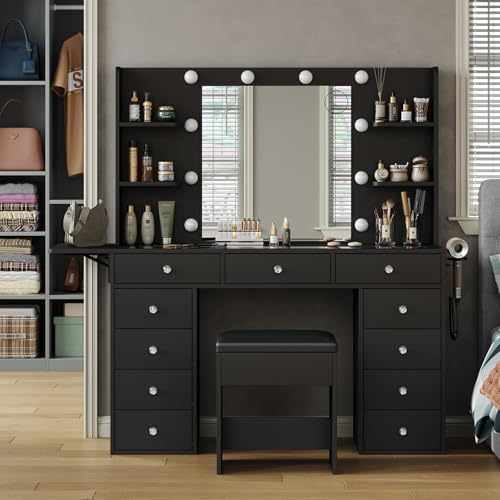 55" W Vanity Desk, Makeup Vanity with Charging Station, 15 Drawers with Lighted Mirror, 3 Lighting Modes, Brightness Adjustable, Glass Top