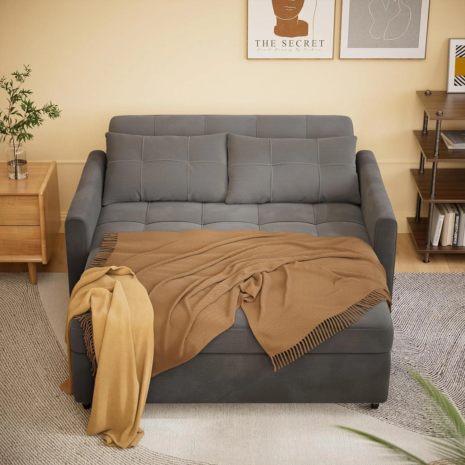 Modern Loveseat Sleeper Sofa Bed, 3-in-1 Convertible Sleeper Bed with Storage Pockets, Dark Gray