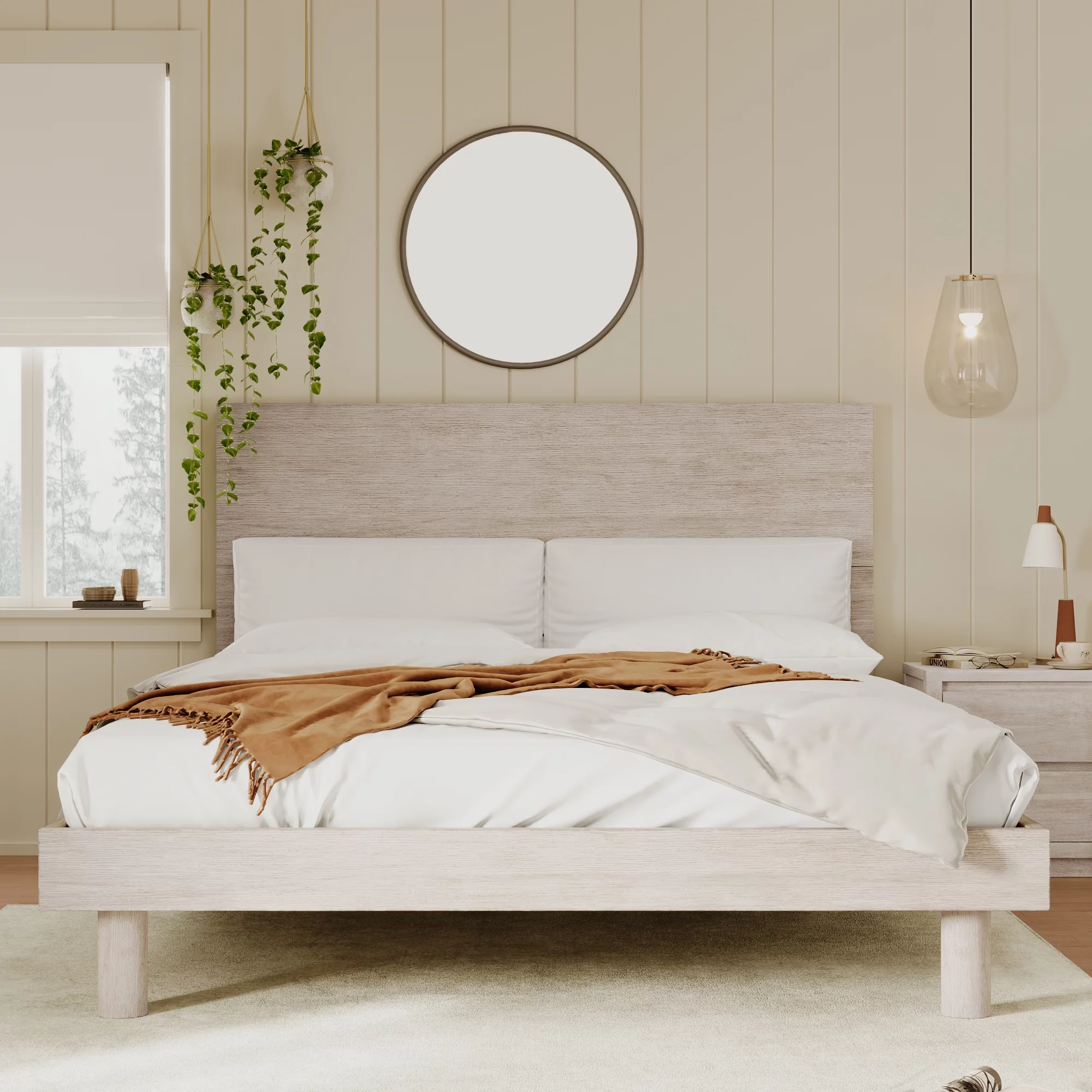 Royard Oaktree Queen Size Platform Bed Frame with Headboard Modern Concise Style Solid Wood Bed Frame with Slats, No Box Spring Needed, Stone Gray