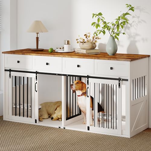 Real Relax 71" Double Dog Crate Furniture, Large Wooden Dog Kennel Furniture with 2 Drawers, Divider and Sliding Door