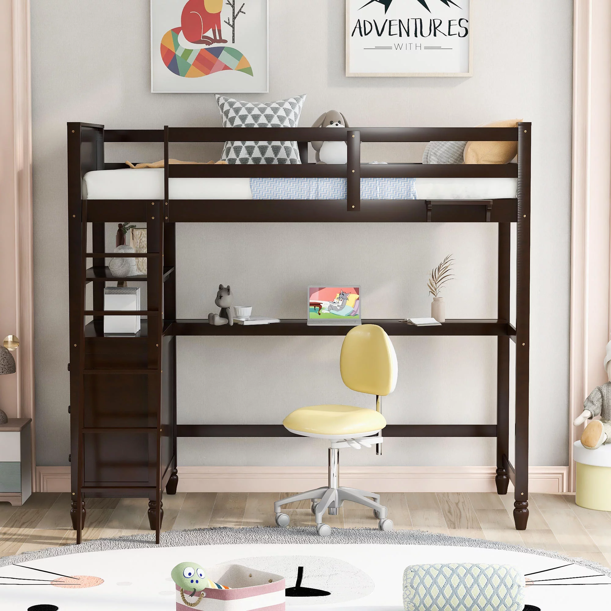 Pine Wood Twin Size Loft Bed with Desk and Shelves, Built-in Drawers, Space-Saving Dorm Apartment Bedroom Loftbed Frame W/Guardrail