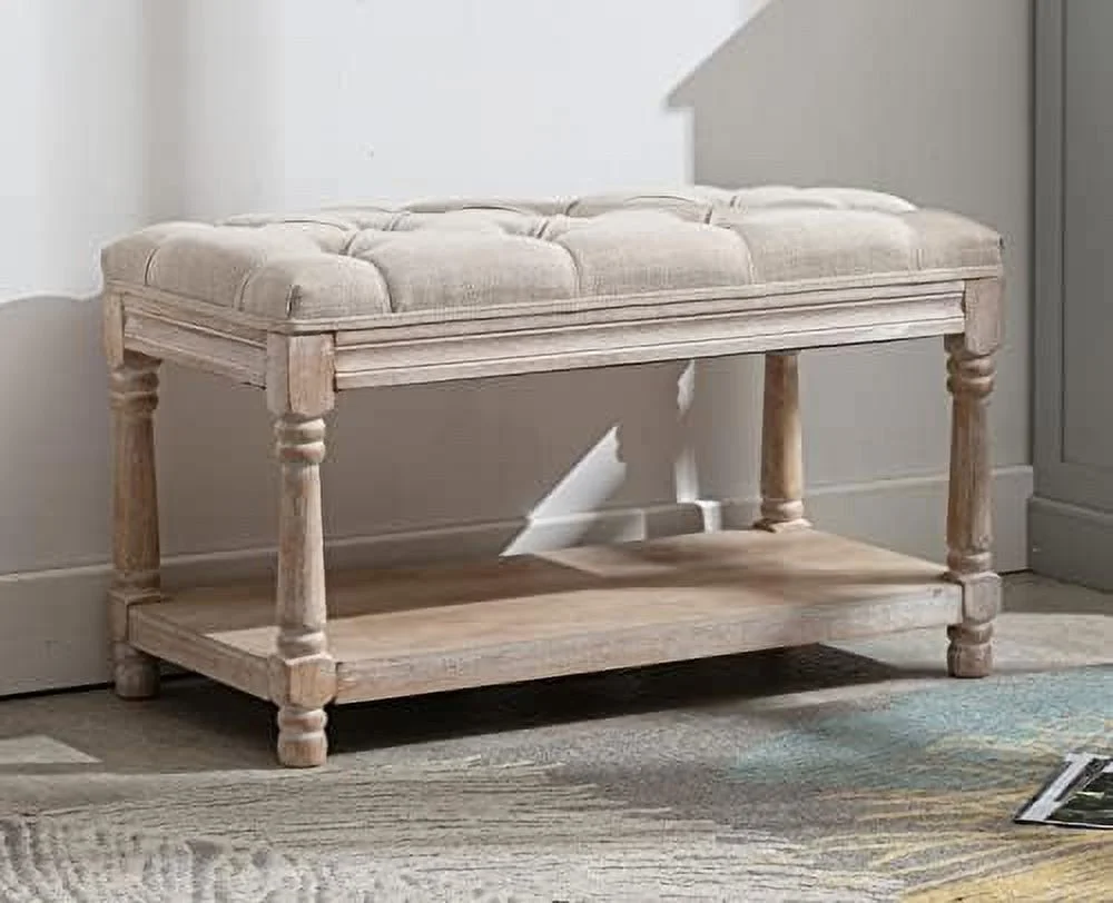 Entryway Bench Tufted Shoe Rack Bench Black Wood Window Bench for Hallway Entrance Bedroom Corner  Beige