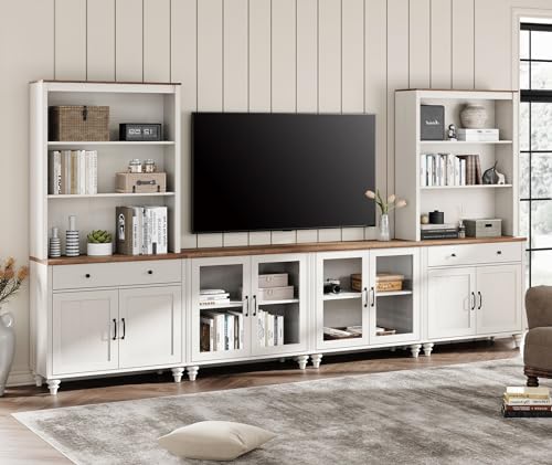 WAMPAT Entertainment Center with Bookshelves for TVs up to 75", Farmhouse Wall Unit TV Stand with Doors & Drawer, Media Console Table for Living Room