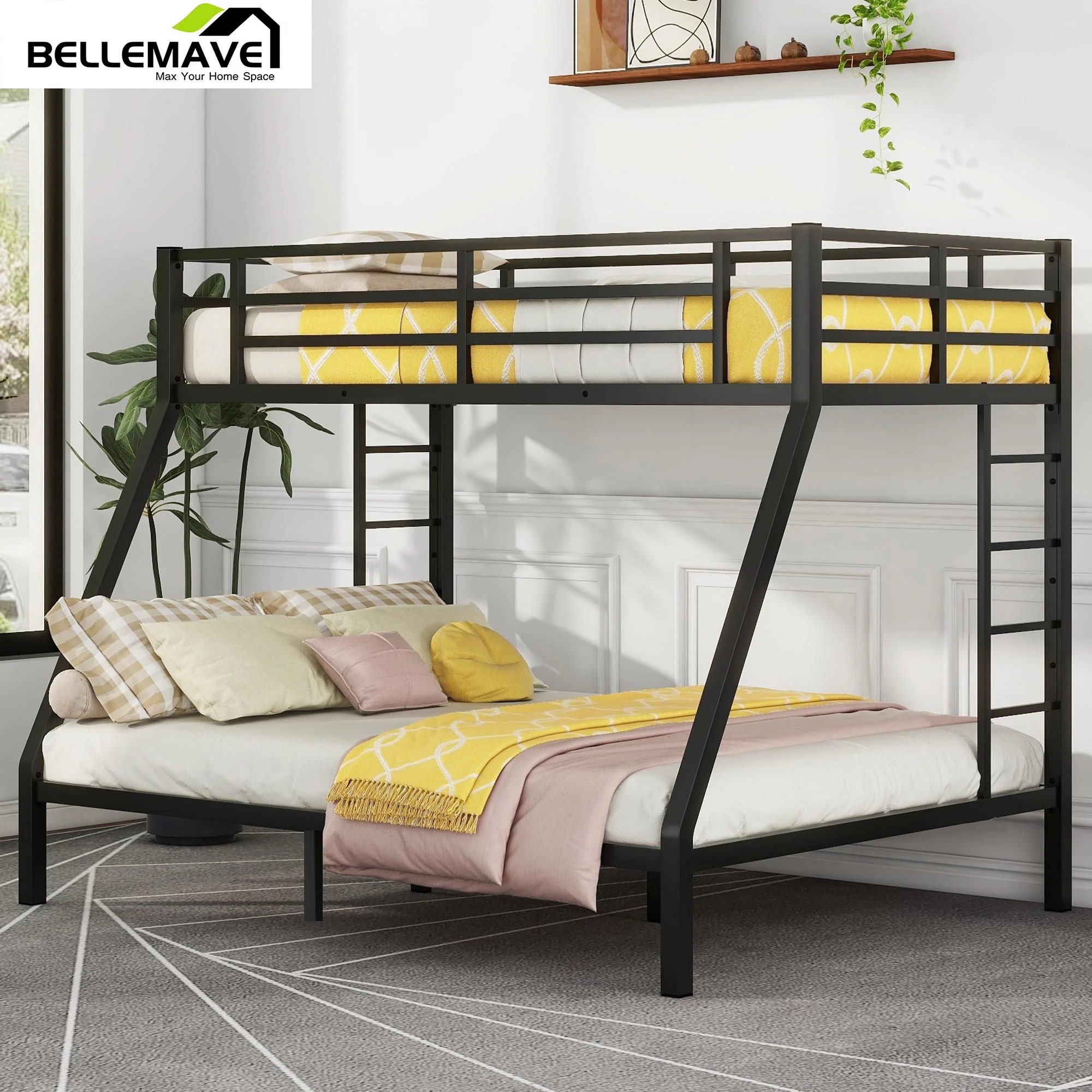 Bellemave Metal Bunk Beds Twin XL over Queen Bunk Bed for Adults, Teens, Kids Heavy Duty Bunk Bed Frame with 2 Ladder and Full-Length Guardrails