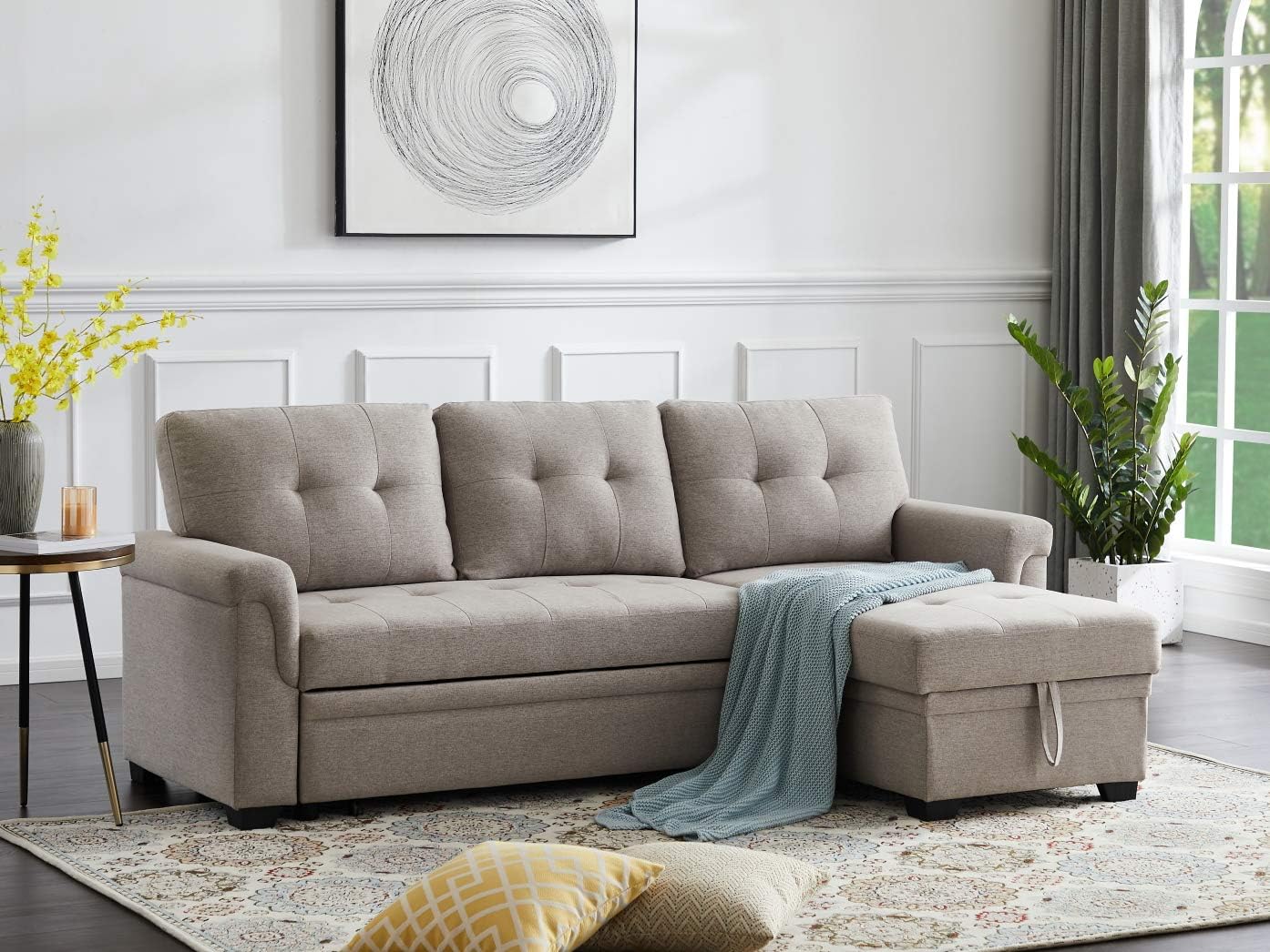 Lilola Home Lucca Reversible Sectional Sofa Couch, Storage Chaise, Pull Out Sleeper, L-Shape Lounge, Steel Gray, Linen