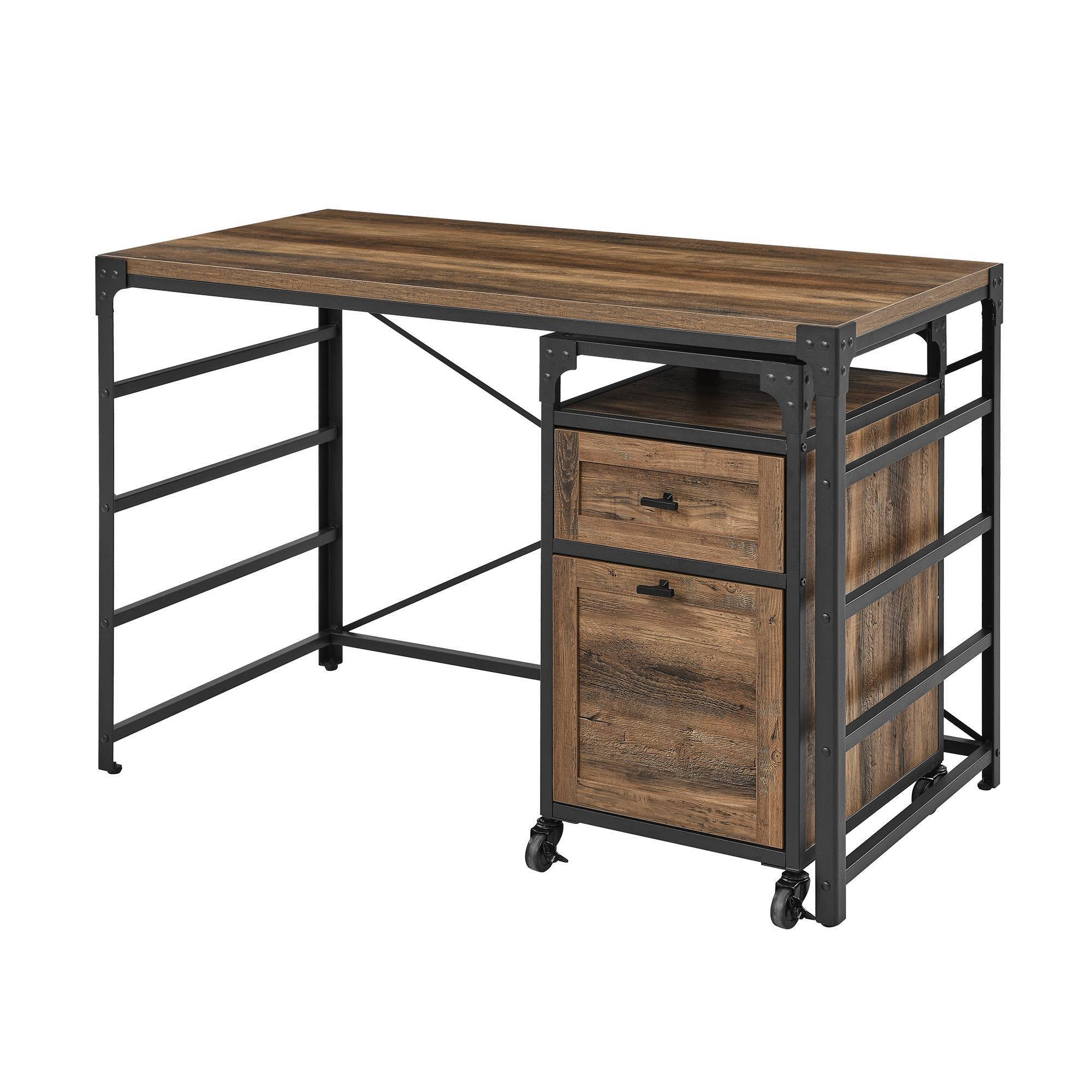 Halverson Angle Iron Writing Desk with 2 Drawer Filing Cabinet Reclaimed Barnwood - Saracina Home