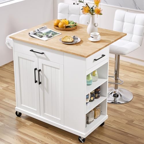 Yaheetech Rolling Kitchen Island Cart with Drop Leaf, Portable Rubberwood Breakfast Bar with Storage Cabinet, Open Shelves & Detachable Towel