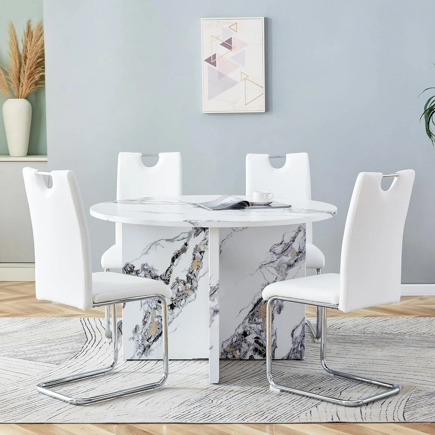 5 Piece Round Dining Table Set, 47 Inch Modern Kitchen Table With Small Dinner Table And 4 Chairs