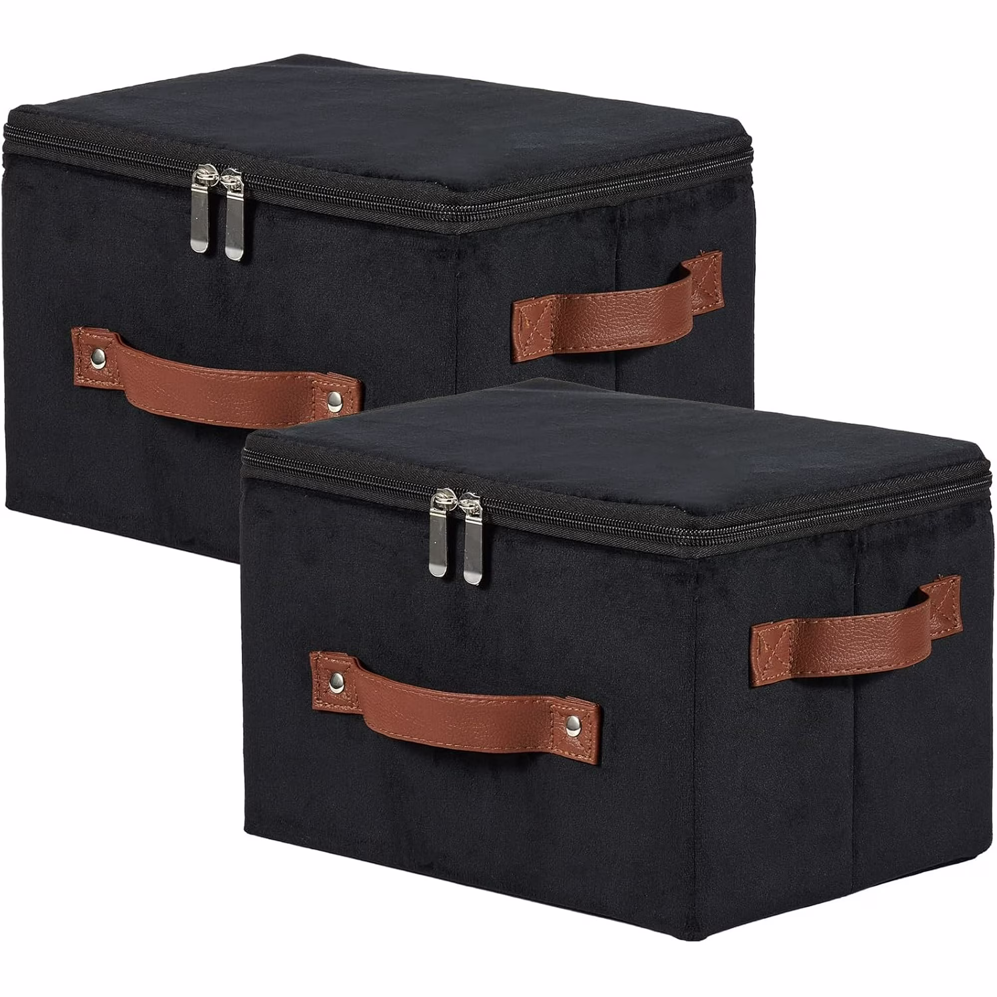 Storage Bins with Zipper Lid Velvet Fabric Storage Boxes Lidded Baskets Foldable Washable Decorative Closet Shelf Clothes Organizer Container with PU