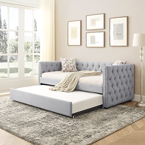Daybed with Trundle, Fabric Upholstered Twin Size Day Bed Button-Tufted Sofa Daybed Frame Twin Roll-Out Trundle, No Box Spring Needed
