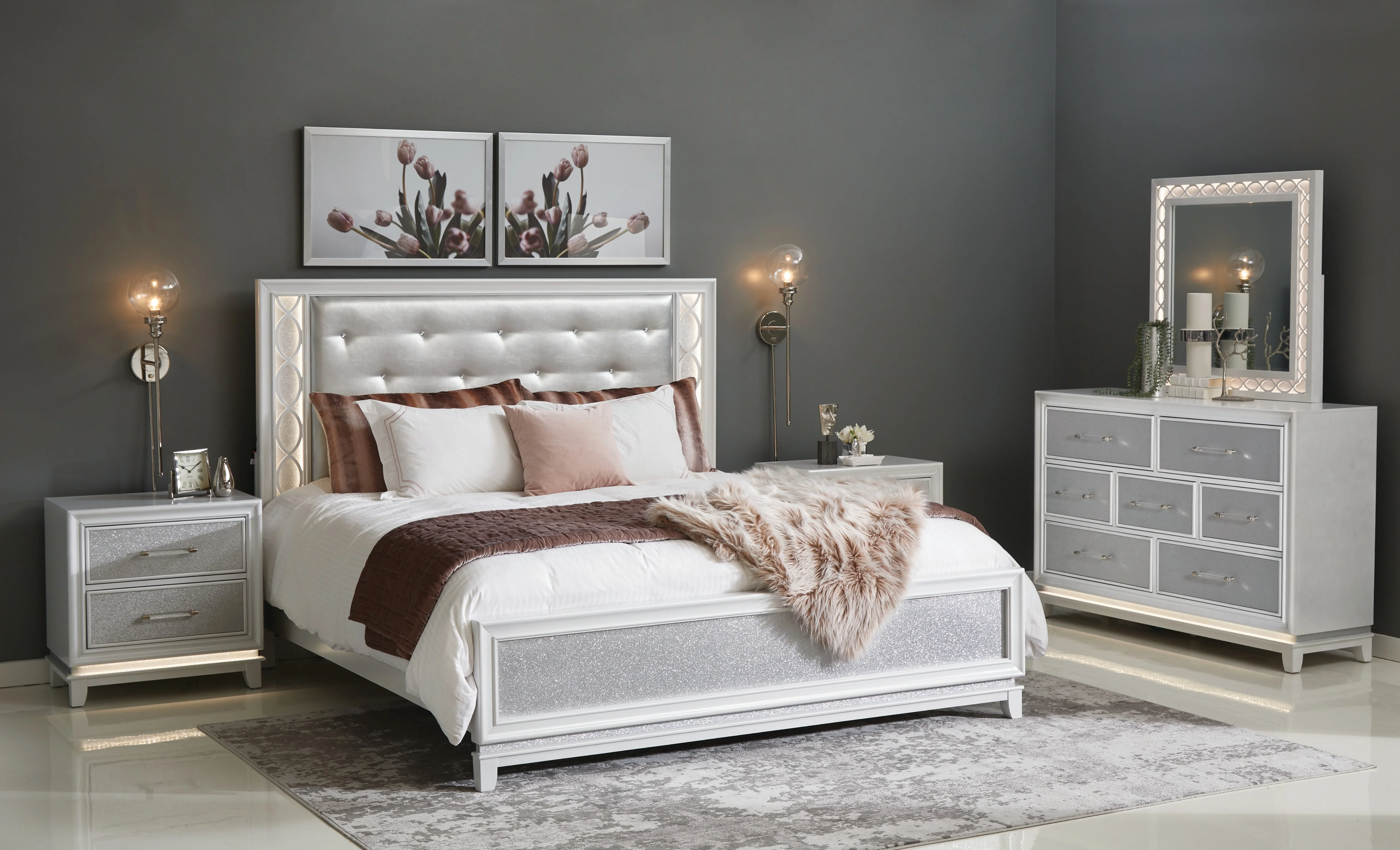 Roundhill Furniture Galaxy 5-Piece Bedroom Set with LED Lights, Tufted Bed, Dresser, Mirror, and 2 Nightstands in Pearlized White, King