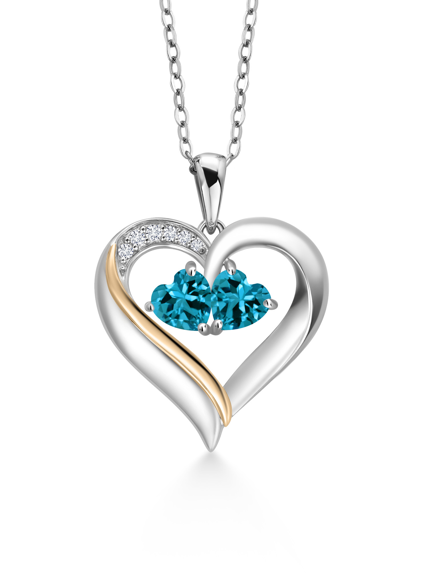 Gem Stone King 925 Silver and 10K Yellow Gold Heart Shape Lab Grown Diamond Pendant Necklace for Women with London Blue Topaz (1.13 Cttw
