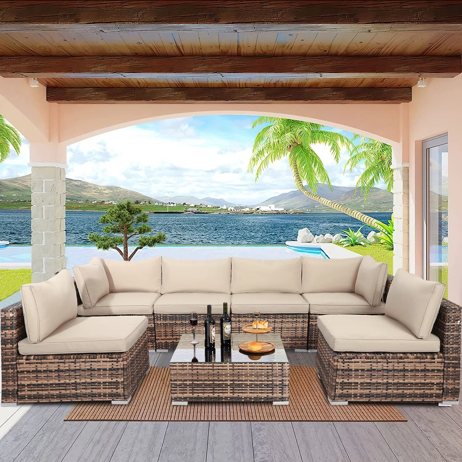 Magic Union Outdoor  7 Pieces Patio Furniture Set, PE Rattan Wicker Furniture with Table and Cushions, Beige