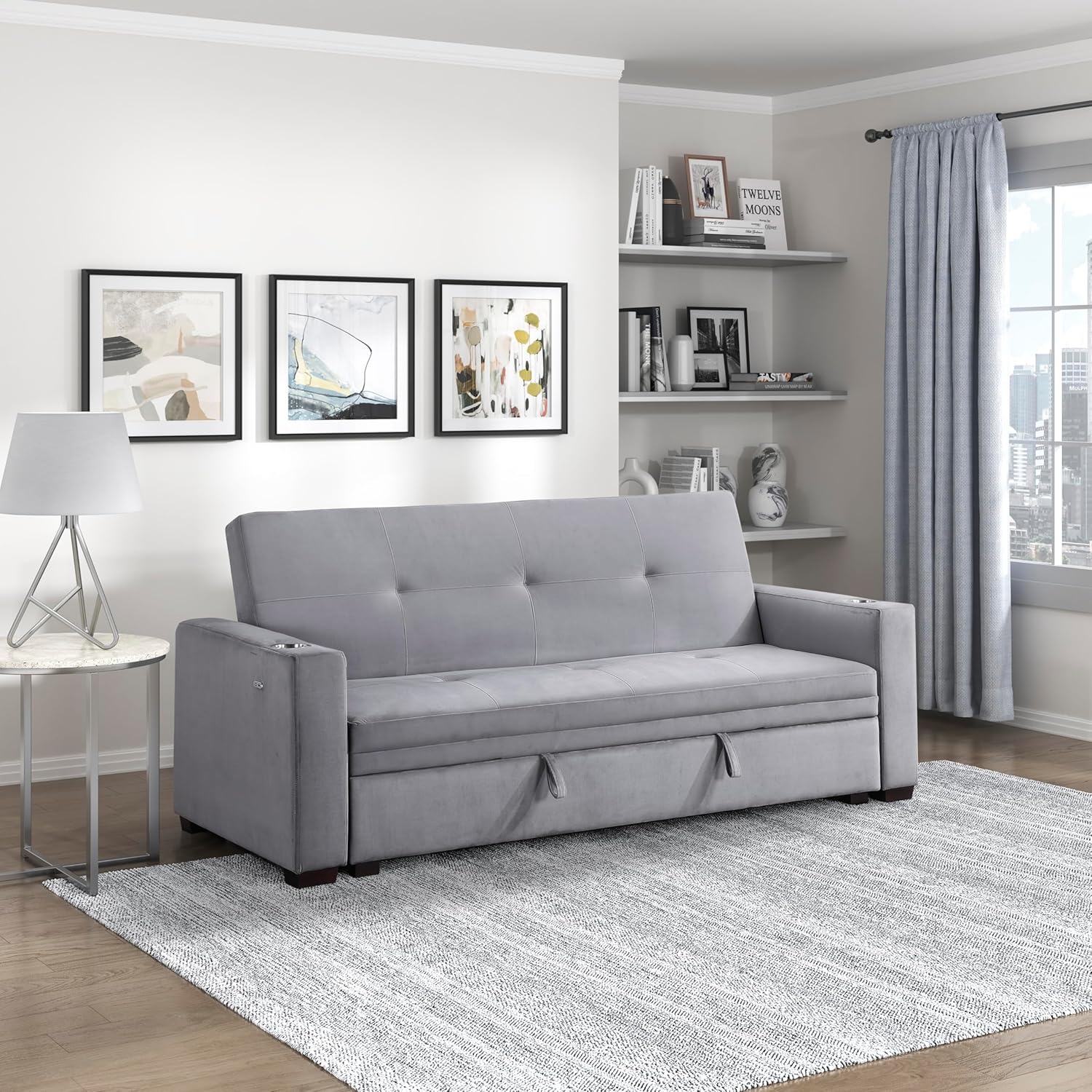 Lexicon Futon Sofa Bed, 83.5" Couch, Sleeper Sofa, Velvet Futon with Storage, Armrest, Two Cup Holders and USB Ports, Sofa Cama