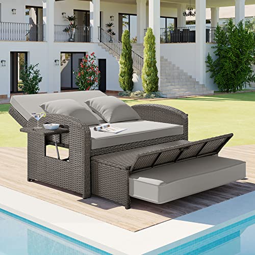 Outdoor Rattan Double Chaise Lounge with Adjustable Back and Cushions, 2-Person Reclining Daybed with Cup Trays