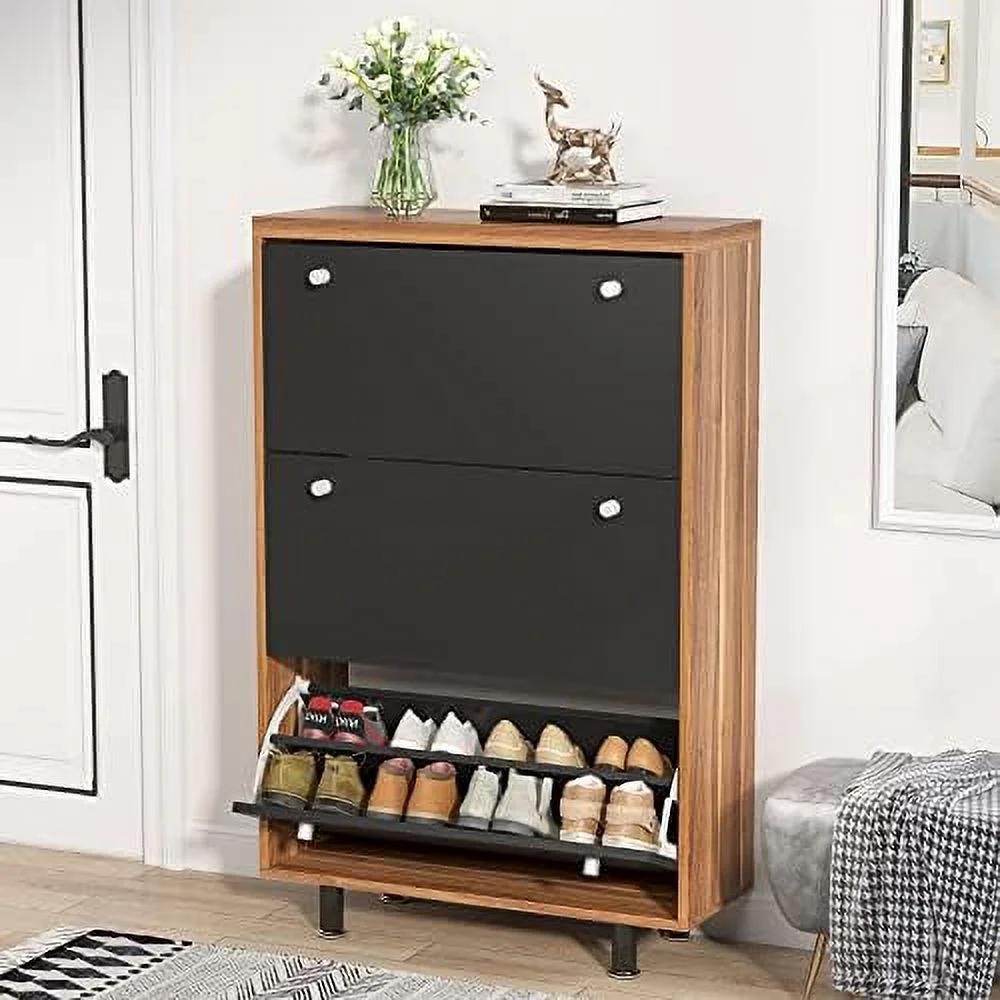 HOOMHIBIU 3 Drawer Shoe Cabinet  Freestanding Shoe Rack  Organizer with Flip Door  Modern Tipping Bucket Shoe Cabinet for Entryway  Hallway  Bedroom