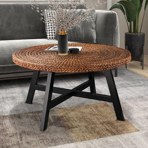 RANDEFURN Coffee Table Round, Seagrass Coffee Tables,Pine Wood X Base Frame Cocktail Table, Easy Assembled, Multiple Sizes for Living Room