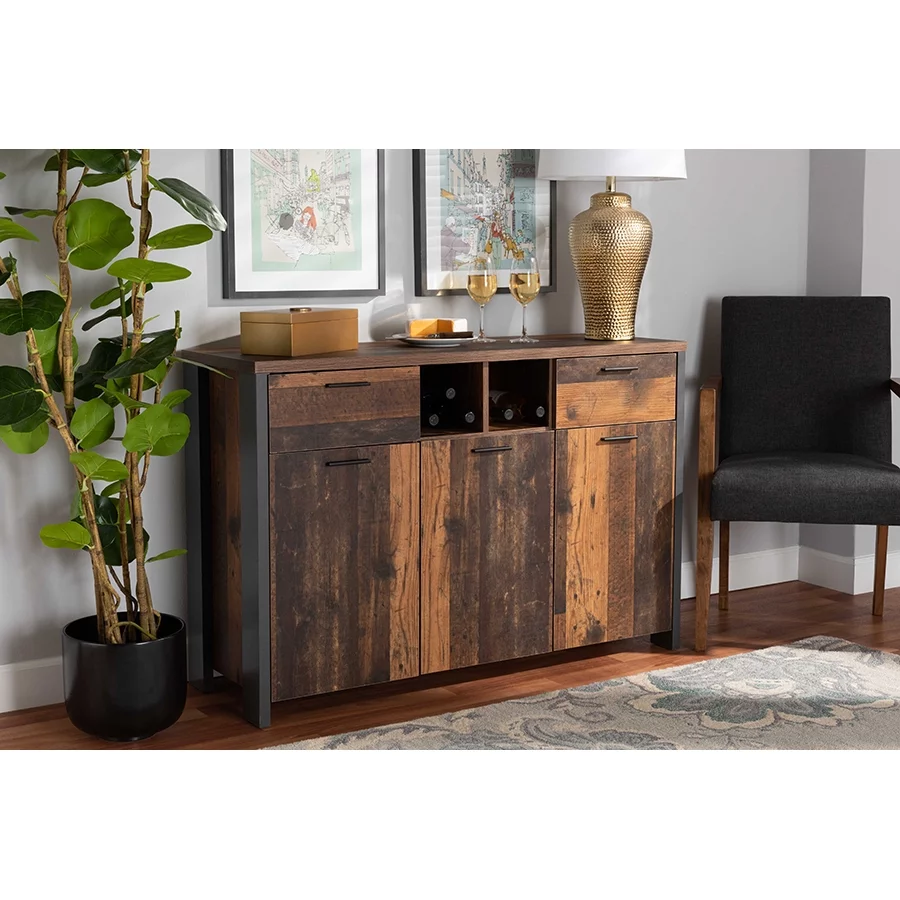 Baxton Studio Ranger Mid-Century Modern Rustic Brown Finished Wood and Grey Metal 2-Door Sideboard Buffet