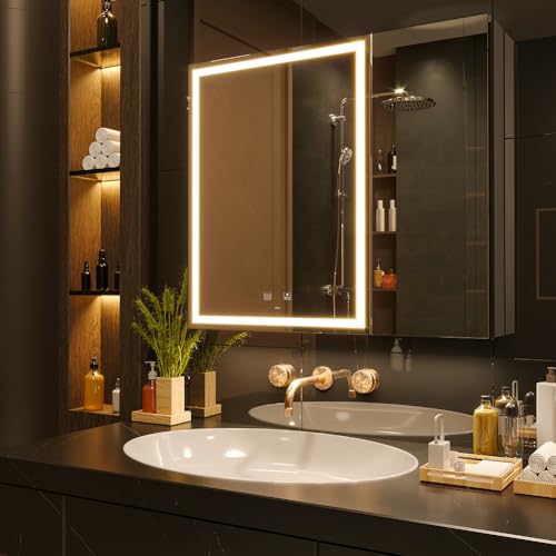 20 x 28 Inch LED Lighted Bathroom Medicine Cabinet with Sockets & USBs, Defogger, Dimmable, 3 Color Light Makeup Mirror, Easy to Install