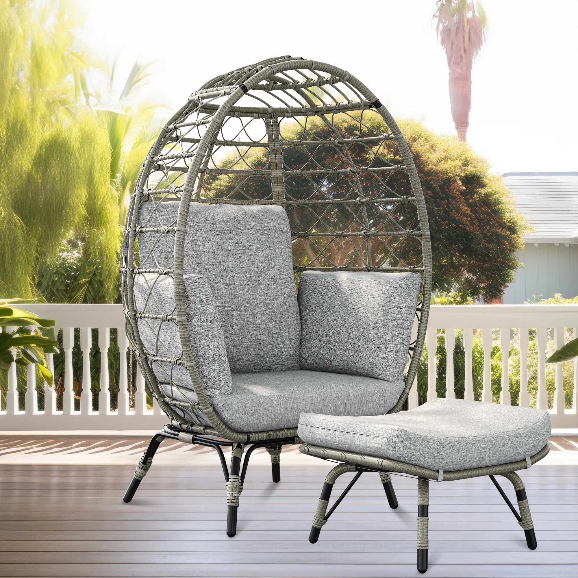 Dextrus Egg Chair with Stand Outdoor Egg Lounge Chair with Cushion Wicker Chair PE Rattan Chair Ottoman Included for Patio, Garden, Backyard, Porch