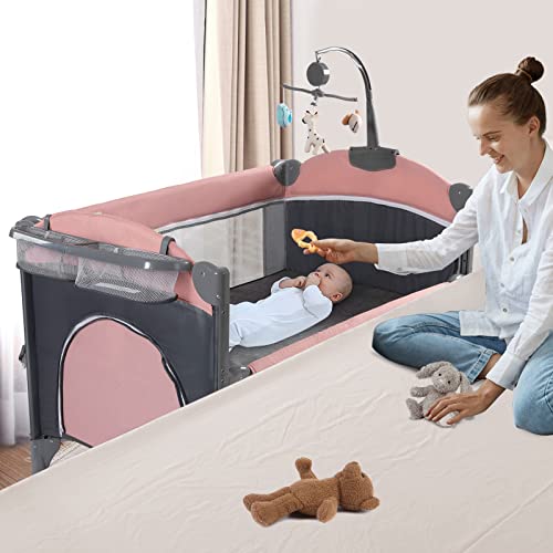 5 in 1 Baby Crib,Baby Bassinet, Bedside Cribs, Pack and Play with Bassinet and Changing Table