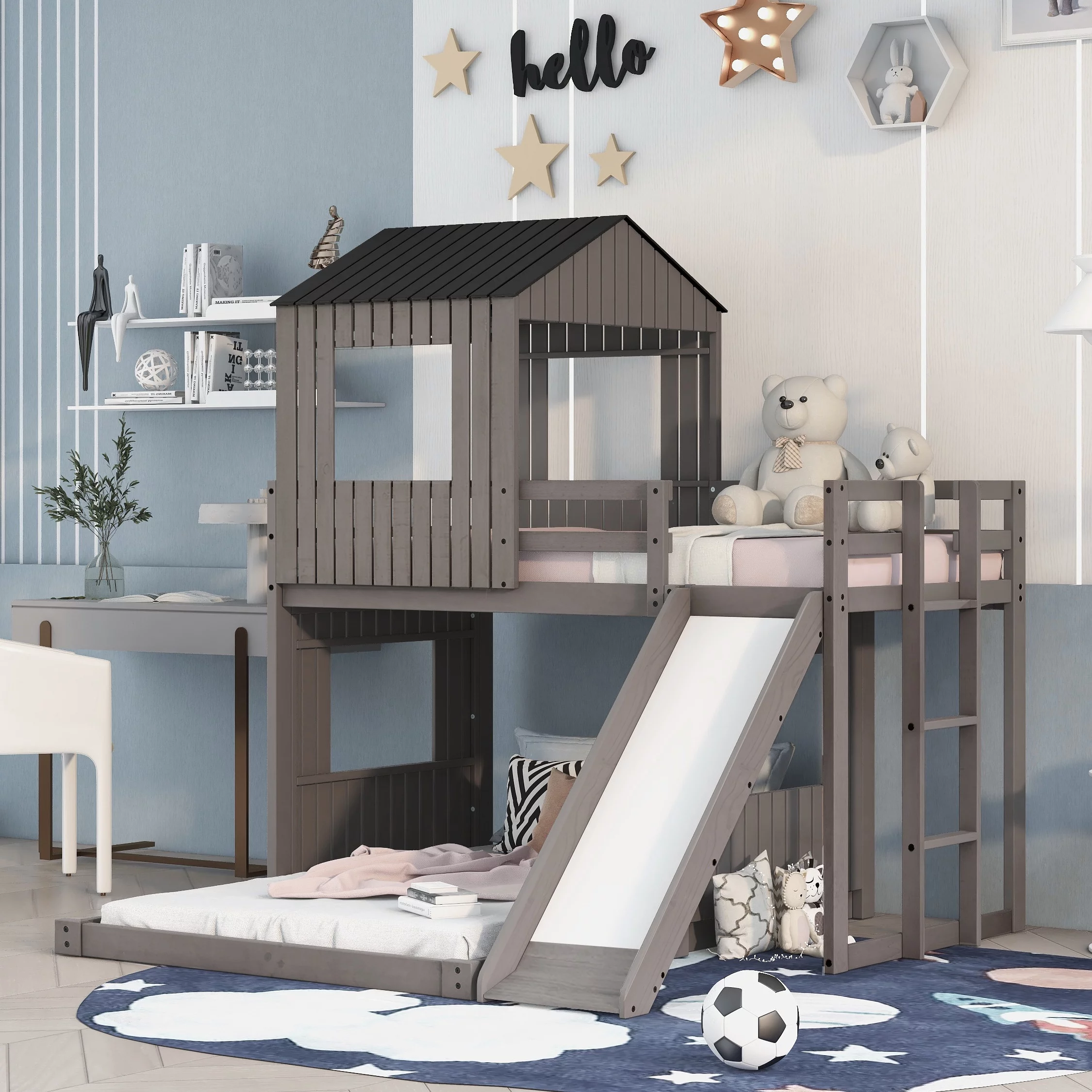Bellemave Twin Over Full House Bunk Bed with Slide, Wood L-Shaped Fort Loft Bunk Beds Frame with Ladder, Floor Playhouse Bed for Kids