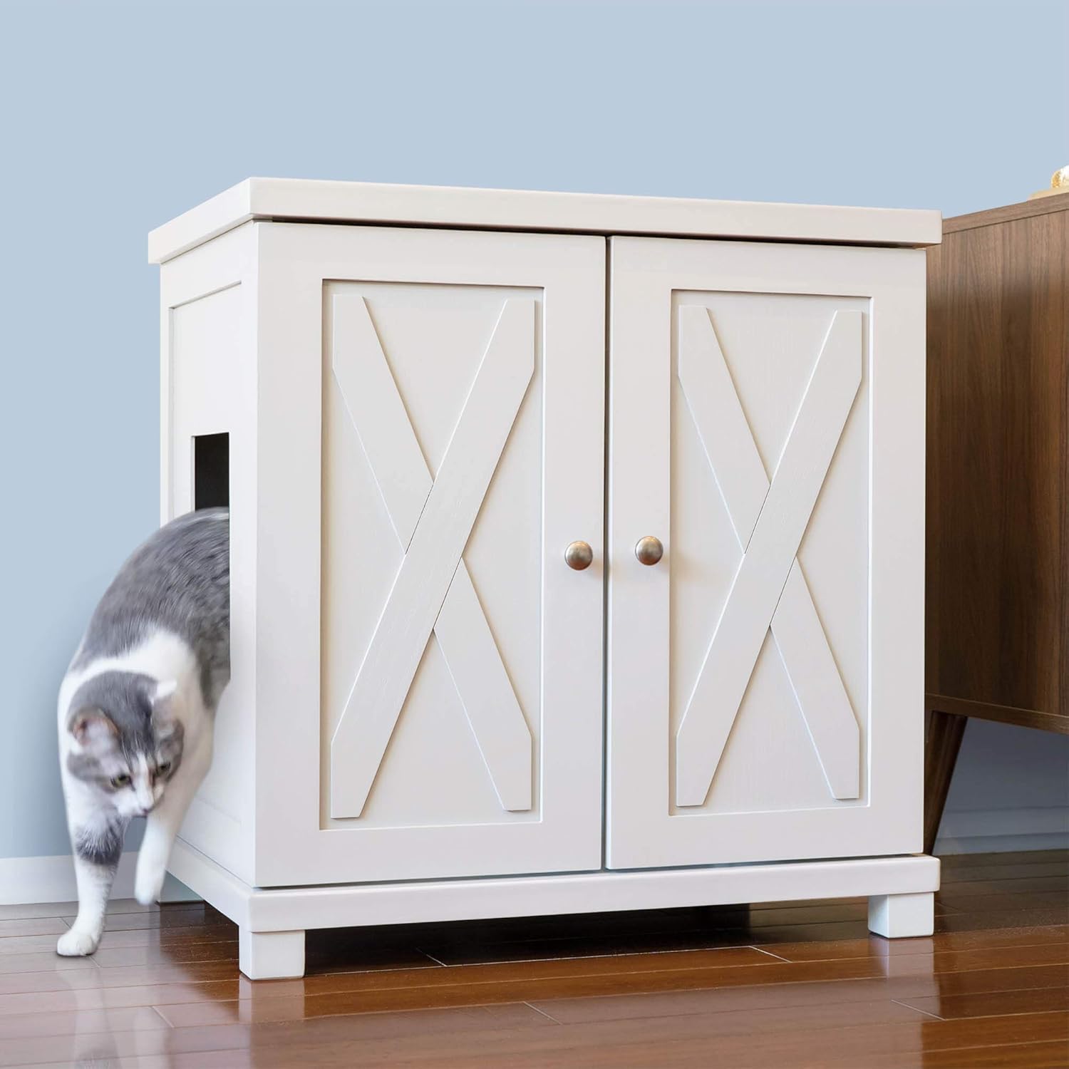 THE REFINED FELINE Cat Litter Box Enclosure Cabinet, Hidden Litter Tray Cat Furniture, Large, Farmhouse Style, White Color
