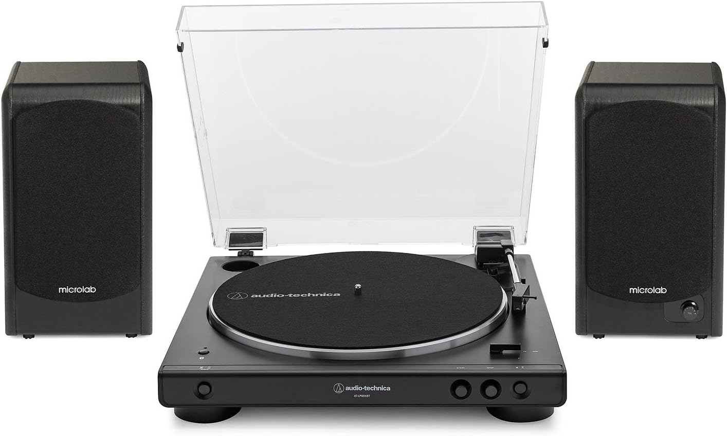 Audio-Technica AT-LP60XBT-BK Bluetooth Turntable (Black) Bundle with Microlab Pro1BT Bluetooth Bookshelf Speakers Pair (2 Items)