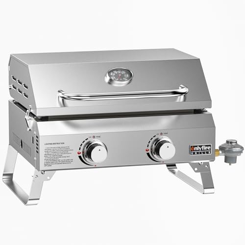 Onlyfire Flat Top Gas Griddle, 2-Burner Tabletop Propane Gas Grill Griddle, Portable Griddle for Outdoor Cooking Kitchen