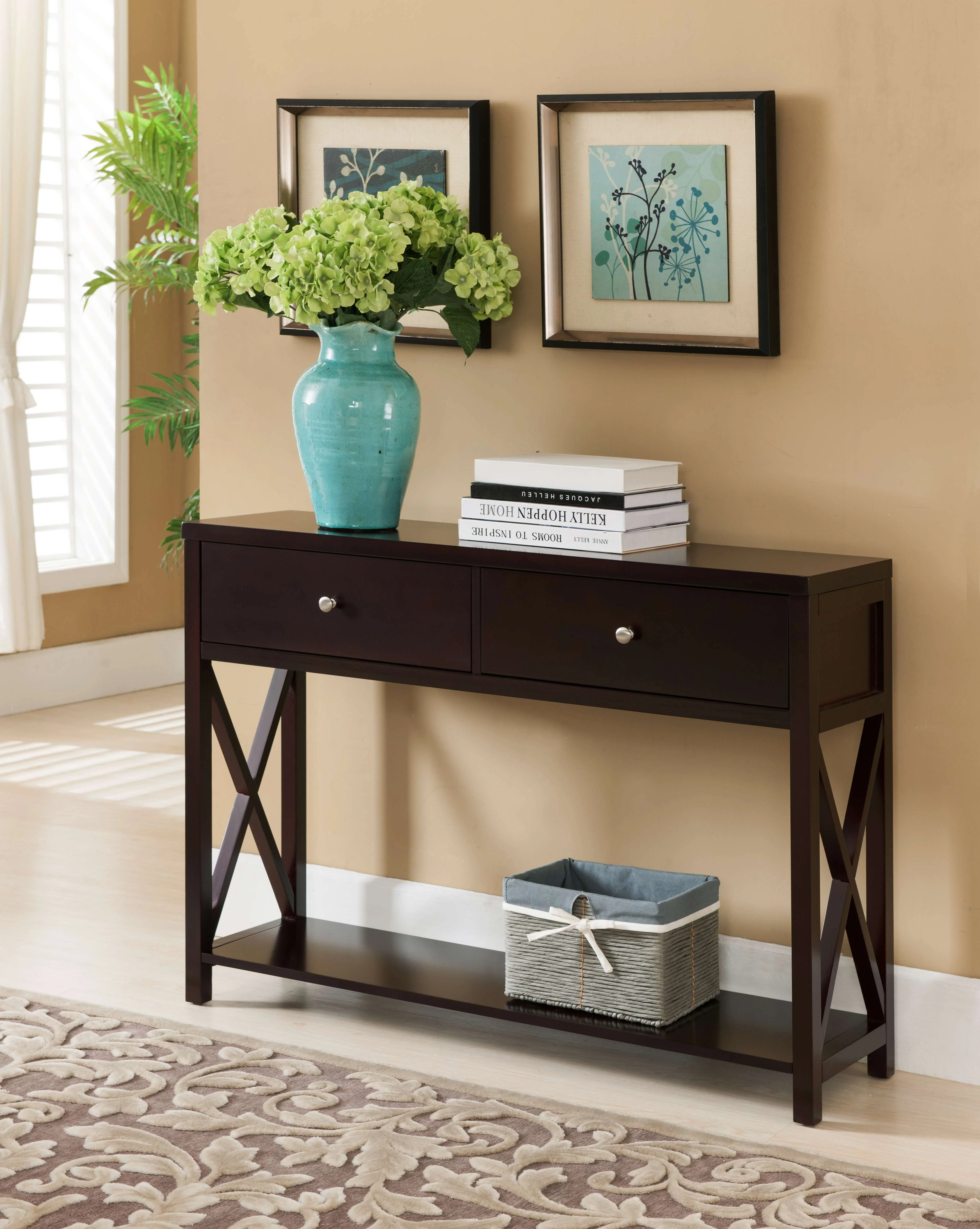 Kings Brand Furniture Wood Console Entryway Table with 2 Drawers & Lower Shelf, X-Style, Cherry