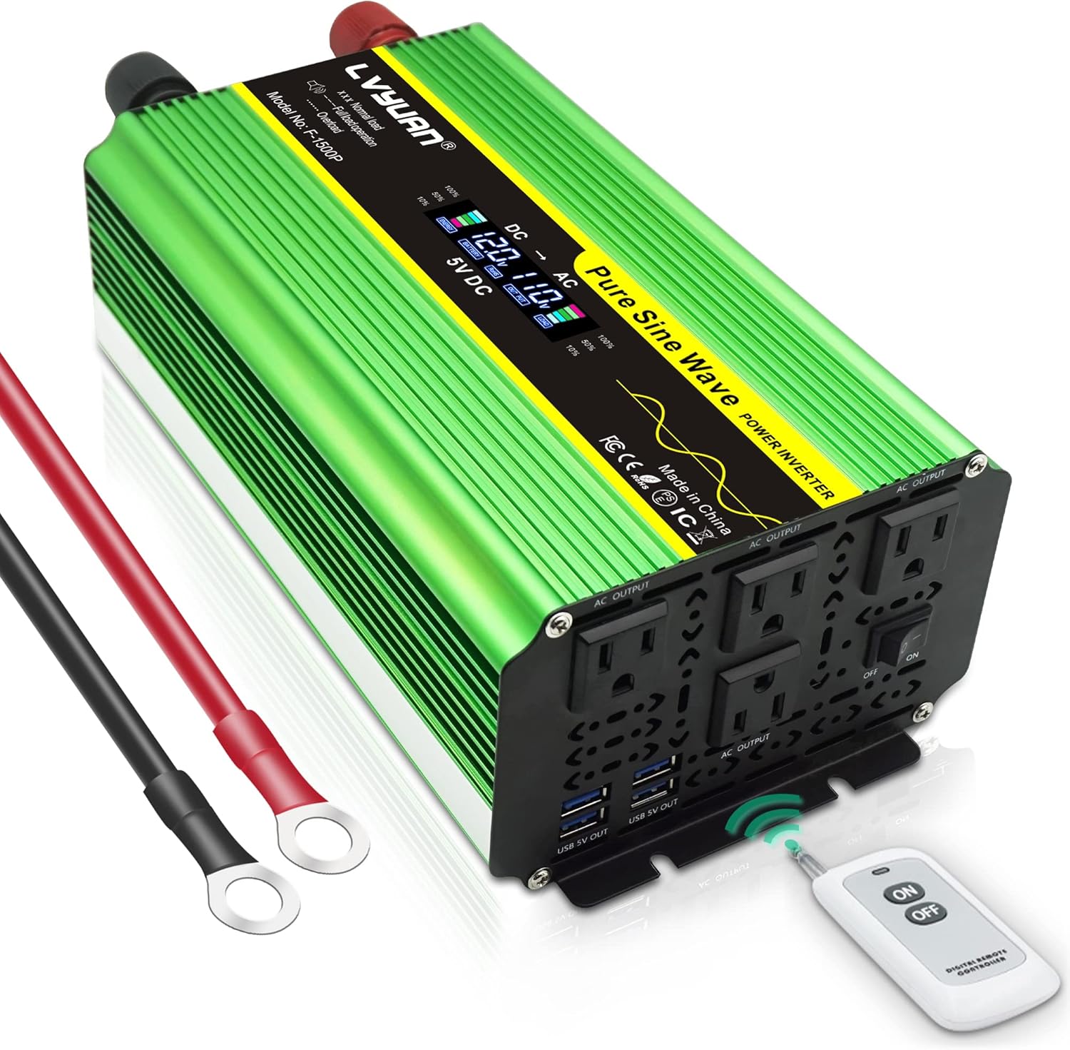LVYUAN Pure Sine Wave Inverter 1600 Watts Inverter 12V to 110V DC to AC with Remote Controller