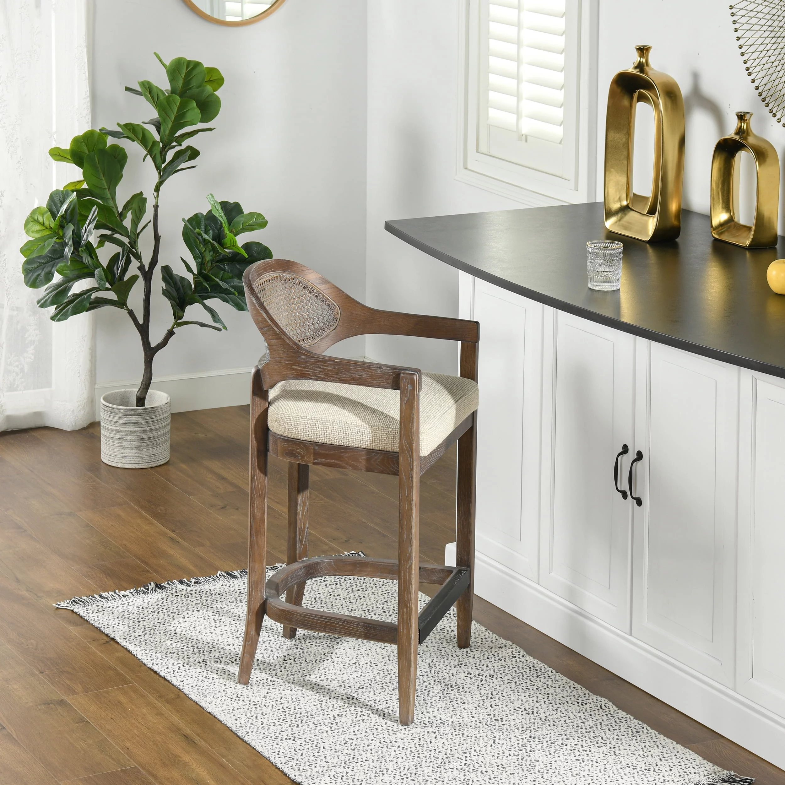 Jennifer Taylor Home Americana Mid-Century Modern 26" Cane Back Counter Stool, Taupe Beige Textured Weave