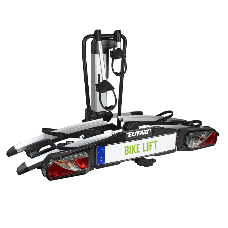 EUFAB 11554 Bicycle Carrier Bike Lift, Suitable for E-Bike, Fully Pre-Assembled, Electric Lower, Theft Protection, for 2 Bikes, for Towing Hitch