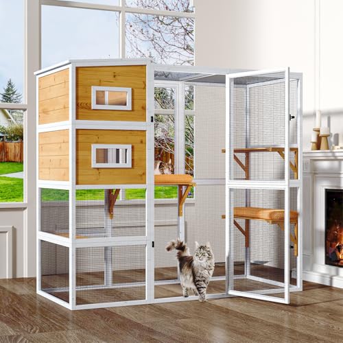 Catio Outdoor Cat Enclosure, Large Cat House for Mulitiple Cats Walk in Cat Cage with Waterproof Cover and Sunshine Panel Roof